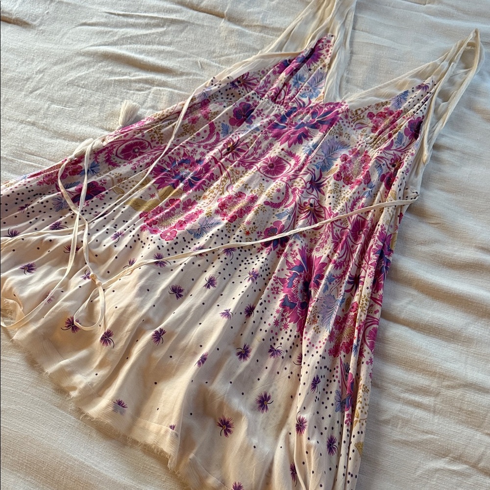 Free People Cream Floral Boho Slip Dress with Pink and Purple Print